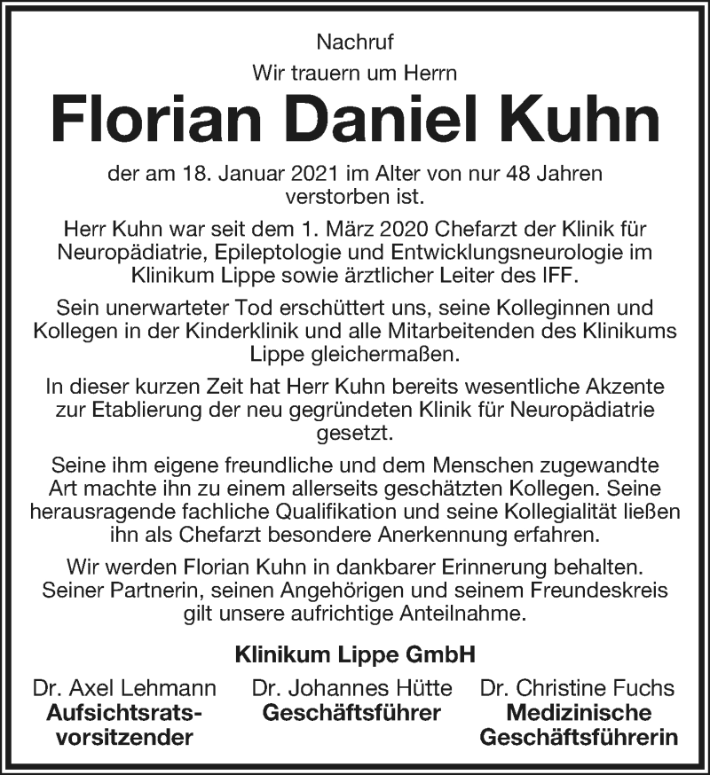  Traueranzeige für Florian Daniel Kuhn vom 30.01.2021 aus Lippische Landes-Zeitung
