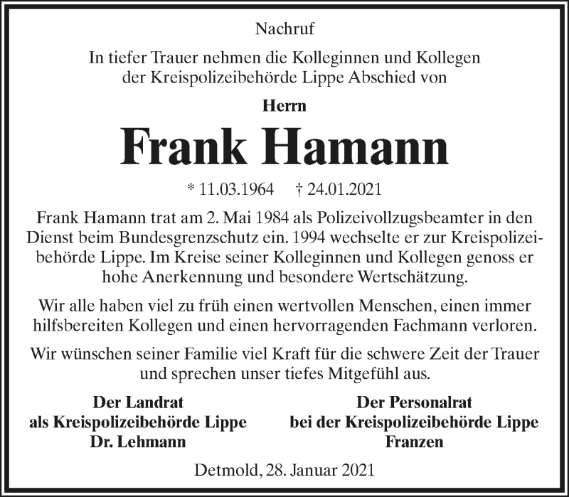  Traueranzeige für Frank Hamann vom 30.01.2021 aus Lippische Landes-Zeitung