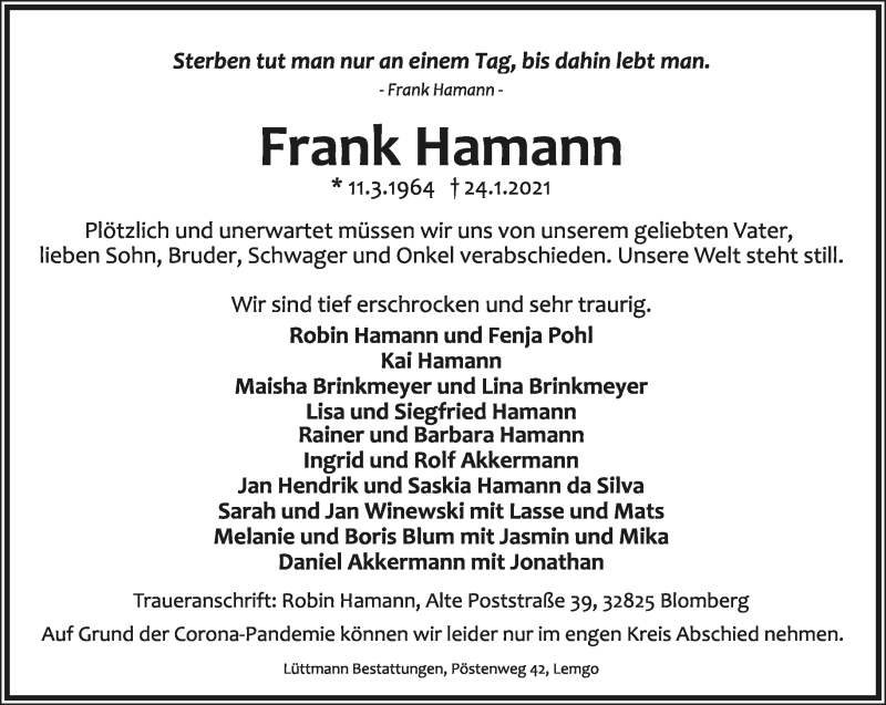 Traueranzeige für Frank Hamann vom 30.01.2021 aus Lippische Landes-Zeitung