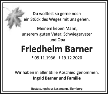 Anzeige  Friedhelm Barner  Lippische Landes-Zeitung