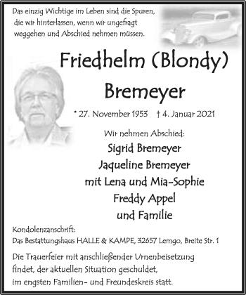 Anzeige  Friedhelm Bremeyer  Lippische Landes-Zeitung