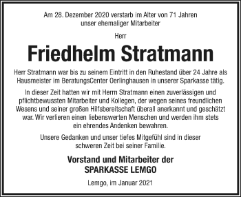 Anzeige  Friedhelm Stratmann  Lippische Landes-Zeitung