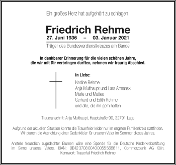 Anzeige  Friedrich Rehme  Lippische Landes-Zeitung