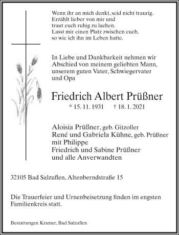 Anzeige  Friedrich Albert Prüßner  Lippische Landes-Zeitung