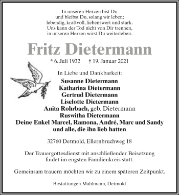 Anzeige  Fritz Dietermann  Lippische Landes-Zeitung