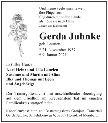 Anzeige  Gerda Juhnke  Lippische Landes-Zeitung