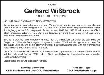 Anzeige  Gerhard Wißbrock  Lippische Landes-Zeitung