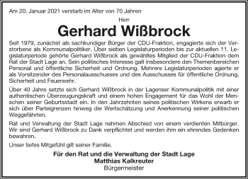 Anzeige  Gerhard Wißbrock  Lippische Landes-Zeitung