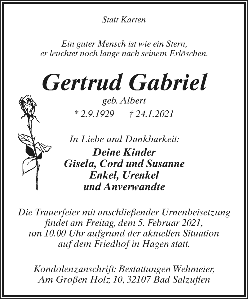  Traueranzeige für Gertrud Gabriel vom 30.01.2021 aus Lippische Landes-Zeitung