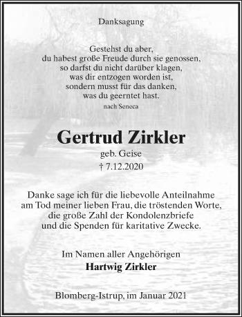 Anzeige  Gertrud Zirkler  Lippische Landes-Zeitung