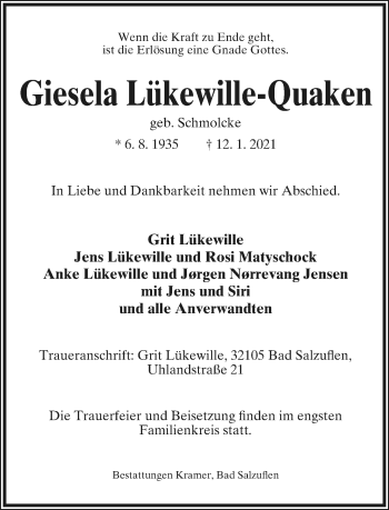 Anzeige  Giesela Lükewille-Quaken  Lippische Landes-Zeitung