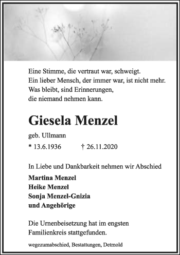 Anzeige  Giesela Menzel  Lippische Landes-Zeitung