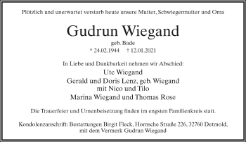 Anzeige  Gudrun Wiegand  Lippische Landes-Zeitung