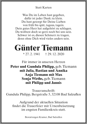 Anzeige  Günter Tiemann  Lippische Landes-Zeitung