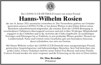 Anzeige  Hanns-Wilhelm Rosien  Lippische Landes-Zeitung