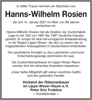 Anzeige  Hanns-Wilhelm Rosien  Lippische Landes-Zeitung