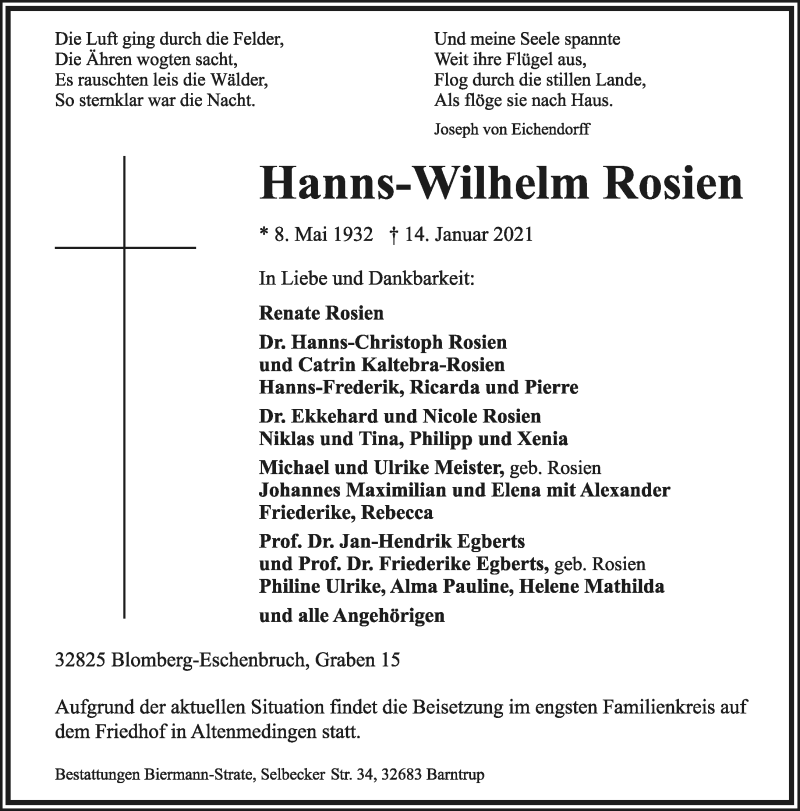  Traueranzeige für Hanns-Wilhelm Rosien vom 20.01.2021 aus Lippische Landes-Zeitung