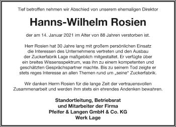 Anzeige  Hanns-Wilhelm Rosien  Lippische Landes-Zeitung
