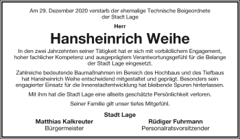 Anzeige  Hansheinrich Weihe  Lippische Landes-Zeitung
