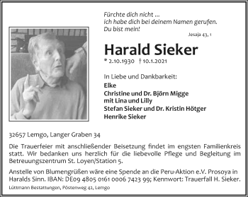 Anzeige  Harald Sieker  Lippische Landes-Zeitung