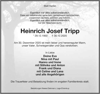 Anzeige  Heinrich Josef Tripp  Lippische Landes-Zeitung