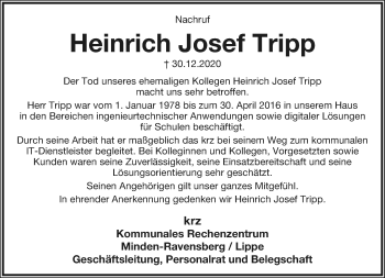 Anzeige  Heinrich Josef Tripp  Lippische Landes-Zeitung
