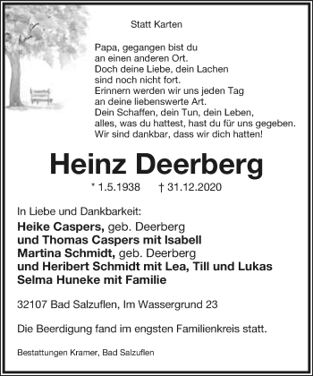 Anzeige  Heinz Deerberg  Lippische Landes-Zeitung