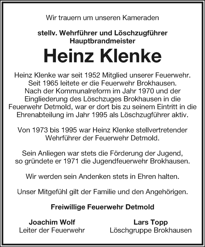  Traueranzeige für Heinz Klenke vom 16.01.2021 aus Lippische Landes-Zeitung