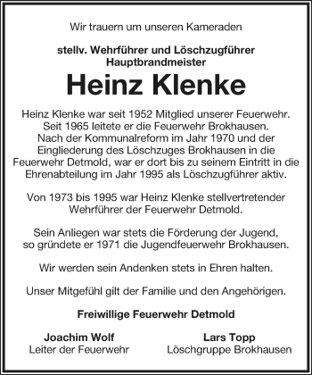 Anzeige  Heinz Klenke  Lippische Landes-Zeitung