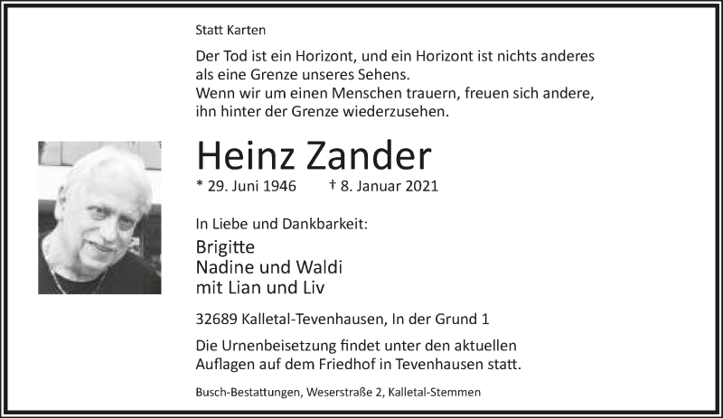  Traueranzeige für Heinz Zander vom 16.01.2021 aus Lippische Landes-Zeitung