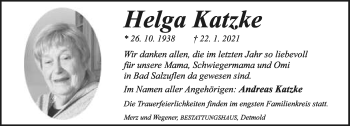 Anzeige  Helga Katzke  Lippische Landes-Zeitung