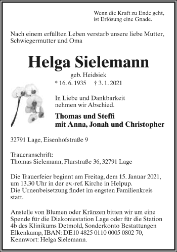 Anzeige  Helga Sielemann  Lippische Landes-Zeitung