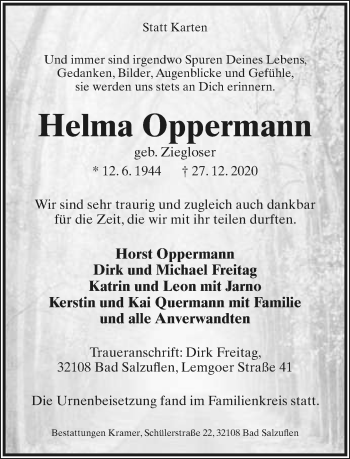 Anzeige  Helma Oppermann  Lippische Landes-Zeitung
