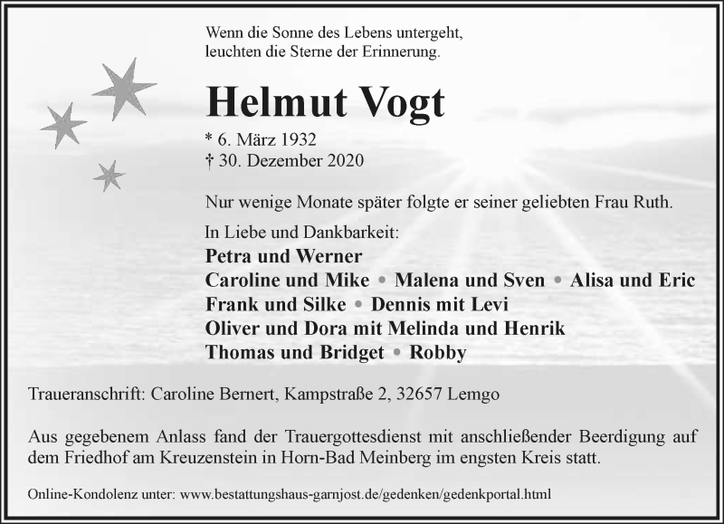  Traueranzeige für Helmut Vogt vom 09.01.2021 aus Lippische Landes-Zeitung