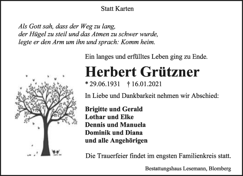  Traueranzeige für Herbert Grützner vom 23.01.2021 aus Lippische Landes-Zeitung