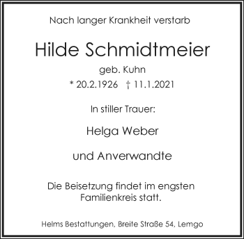 Anzeige  Hilde Schmidtmeier  Lippische Landes-Zeitung