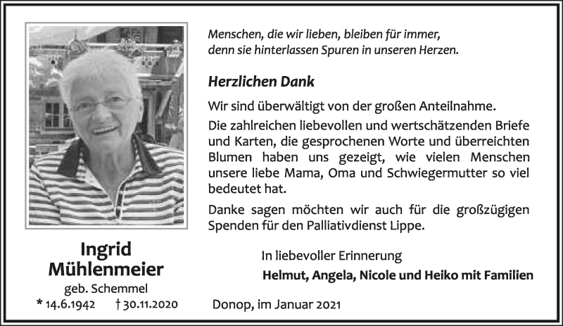  Traueranzeige für Ingrid Mühlenmeier vom 16.01.2021 aus Lippische Landes-Zeitung