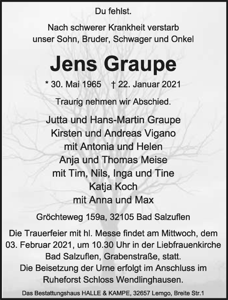  Traueranzeige für Jens Graupe vom 30.01.2021 aus Lippische Landes-Zeitung