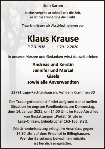 Anzeige  Klaus Krause  Lippische Landes-Zeitung