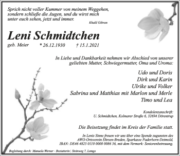 Anzeige  Leni Schmidtchen  Lippische Landes-Zeitung