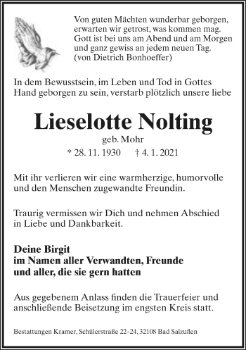 Anzeige  Lieselotte Nolting  Lippische Landes-Zeitung