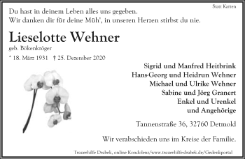 Anzeige  Lieselotte Wehner  Lippische Landes-Zeitung