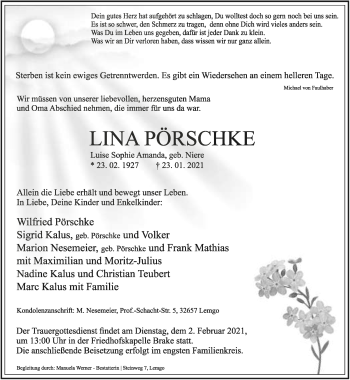 Anzeige  Lina Pörschke  Lippische Landes-Zeitung