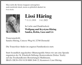Anzeige  Luise (Lissi) Häring  Lippische Landes-Zeitung
