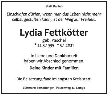 Anzeige  Lydia Fettkötter  Lippische Landes-Zeitung