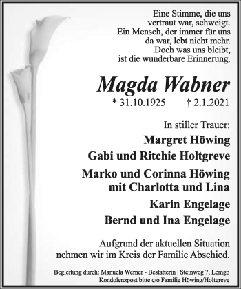 Anzeige  Magda Wabner  Lippische Landes-Zeitung