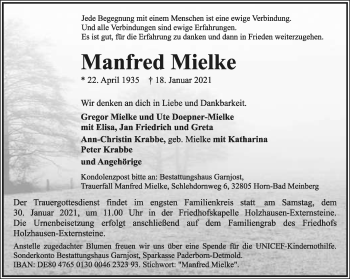 Anzeige  Manfred Mielke  Lippische Landes-Zeitung