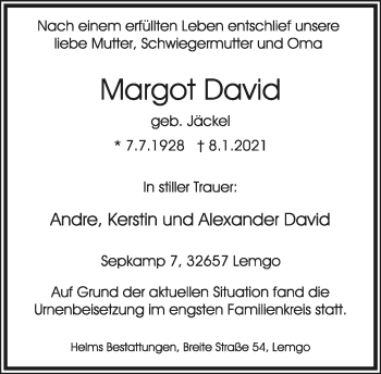 Anzeige  Margot David  Lippische Landes-Zeitung
