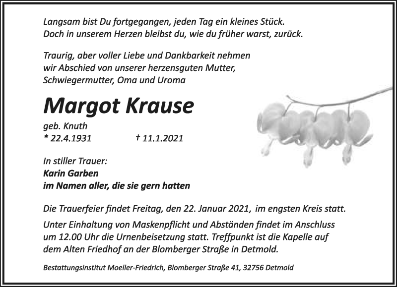  Traueranzeige für Margot Krause vom 16.01.2021 aus Lippische Landes-Zeitung