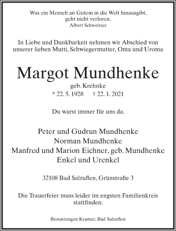 Anzeige  Margot Mundhenke  Lippische Landes-Zeitung